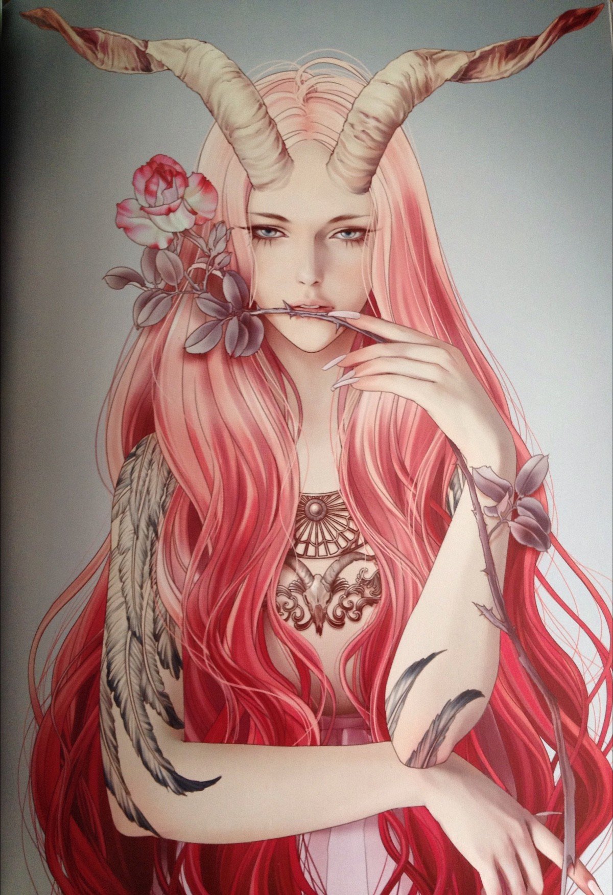 pink hair, Horns, Tattoo, Rose Wallpaper