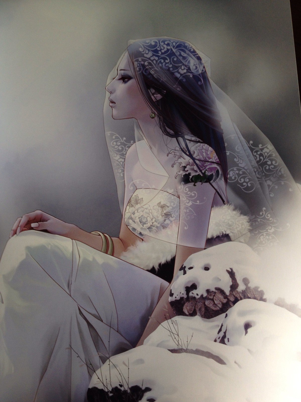 wedding dress, Snow, Tattoo, Veils Wallpaper