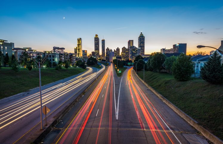 road, Lights, City, Cityscape, Atlanta, City lights, Long exposure HD Wallpaper Desktop Background