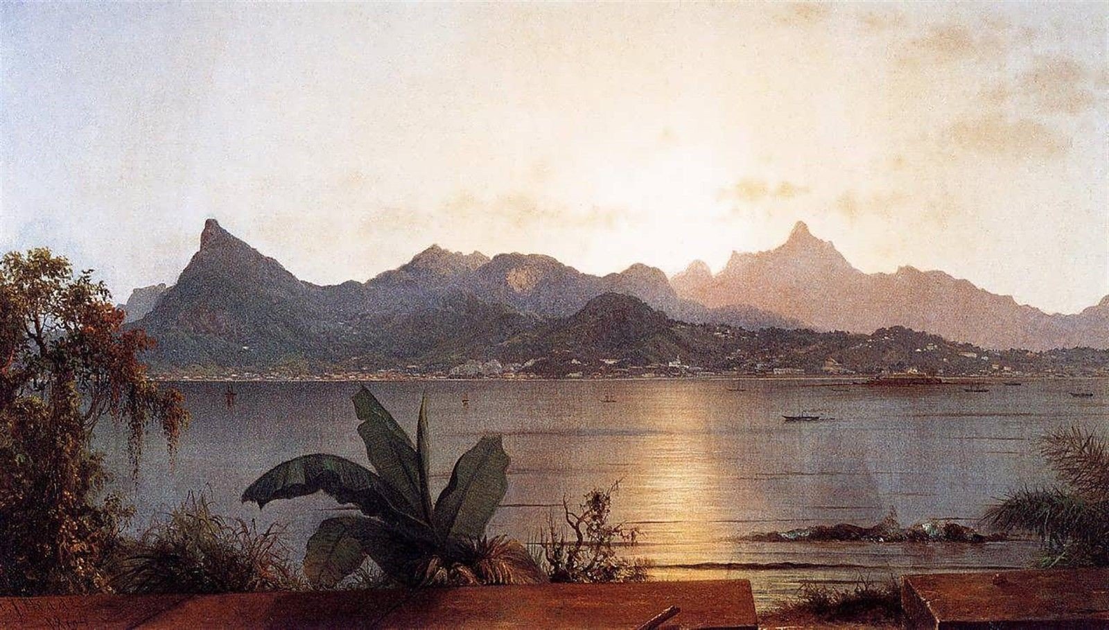 classic art, Harbor, Mountains, Sunlight, Painting Wallpaper