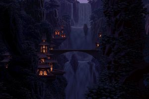 pixel art, Fantasy art, Digital art, Waterfall, Bridge