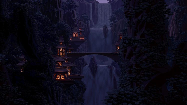 pixel art, Fantasy art, Digital art, Waterfall, Bridge HD Wallpaper Desktop Background