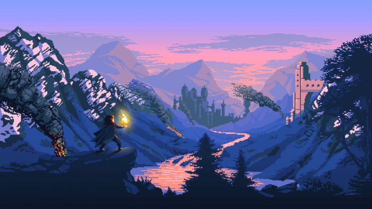 pixel art, Fantasy art, Digital art, Mountains, Castle HD Wallpaper Desktop Background