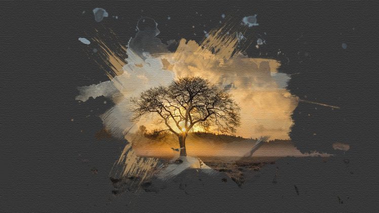 painting, Canvas, Sunset, Brush, Savannah, Trees, Paint splatter, Sun HD Wallpaper Desktop Background