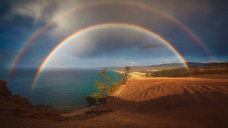 Pavel Minaev, Nature, Landscape, Trees, 500px, Lake Baikal, Russia, Rainbows, Clouds, Sand, Lake HD Wallpaper Desktop Background