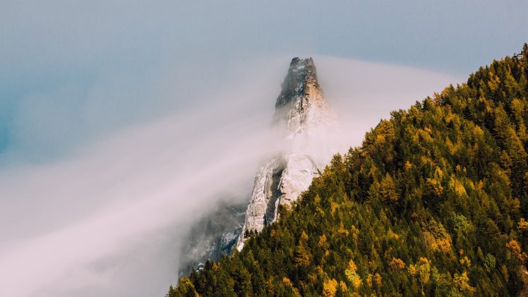 nature, Landscape, Trees, Forest, Mountains, Clouds, Mist, Long exposure, Snowy peak HD Wallpaper Desktop Background