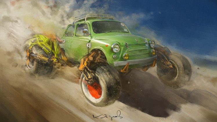 Daniyar Kdyrov, Russian, Digital art, Fantasy art, Car, Artwork, Russian cars, Sand, Monster trucks HD Wallpaper Desktop Background