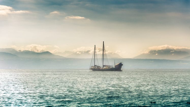 boat, Lake, Switzerland, Vehicle, Mountains, Water HD Wallpaper Desktop Background