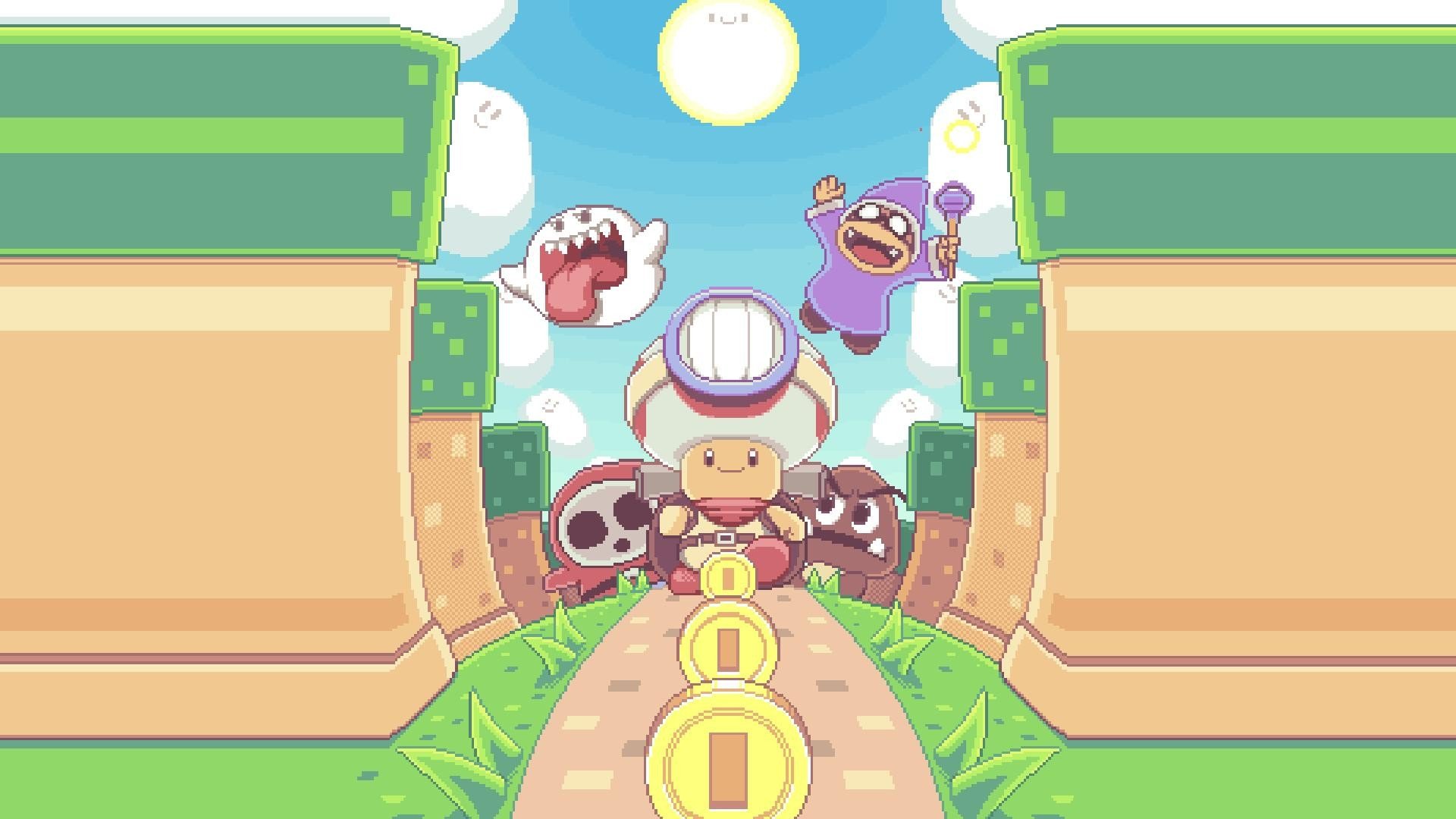 Toad (character), Shy Guy, Goomba, Wizrobe (Mario), Boo, Money, Video games, Ghost, Super Mario, Pixel art, Pixels, Clouds, Sun, Grass, Cobblestone, Coins Wallpaper