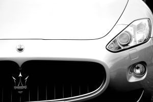 Maserati, Car, Monochrome, White, Logo, Headlights