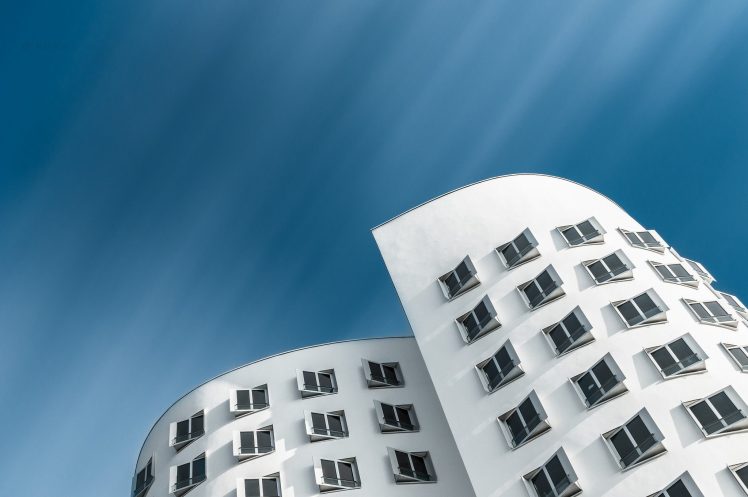 Düsseldorf, Architecture, Germany, Gehry House, Building, Worms eye view, Sky HD Wallpaper Desktop Background