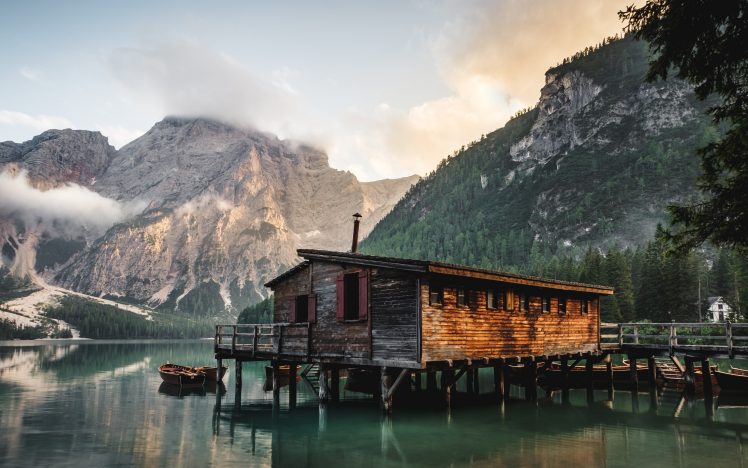 nature, Water, House, Mountains, Mist, Lake, Reflection, Forest, Landscape, Boat HD Wallpaper Desktop Background