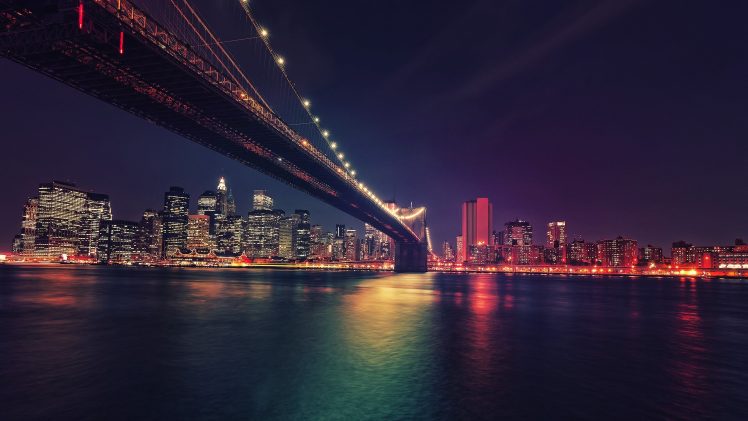 New York City, Cityscape, USA, Night, Brooklyn Bridge, Landscape, Neon HD Wallpaper Desktop Background