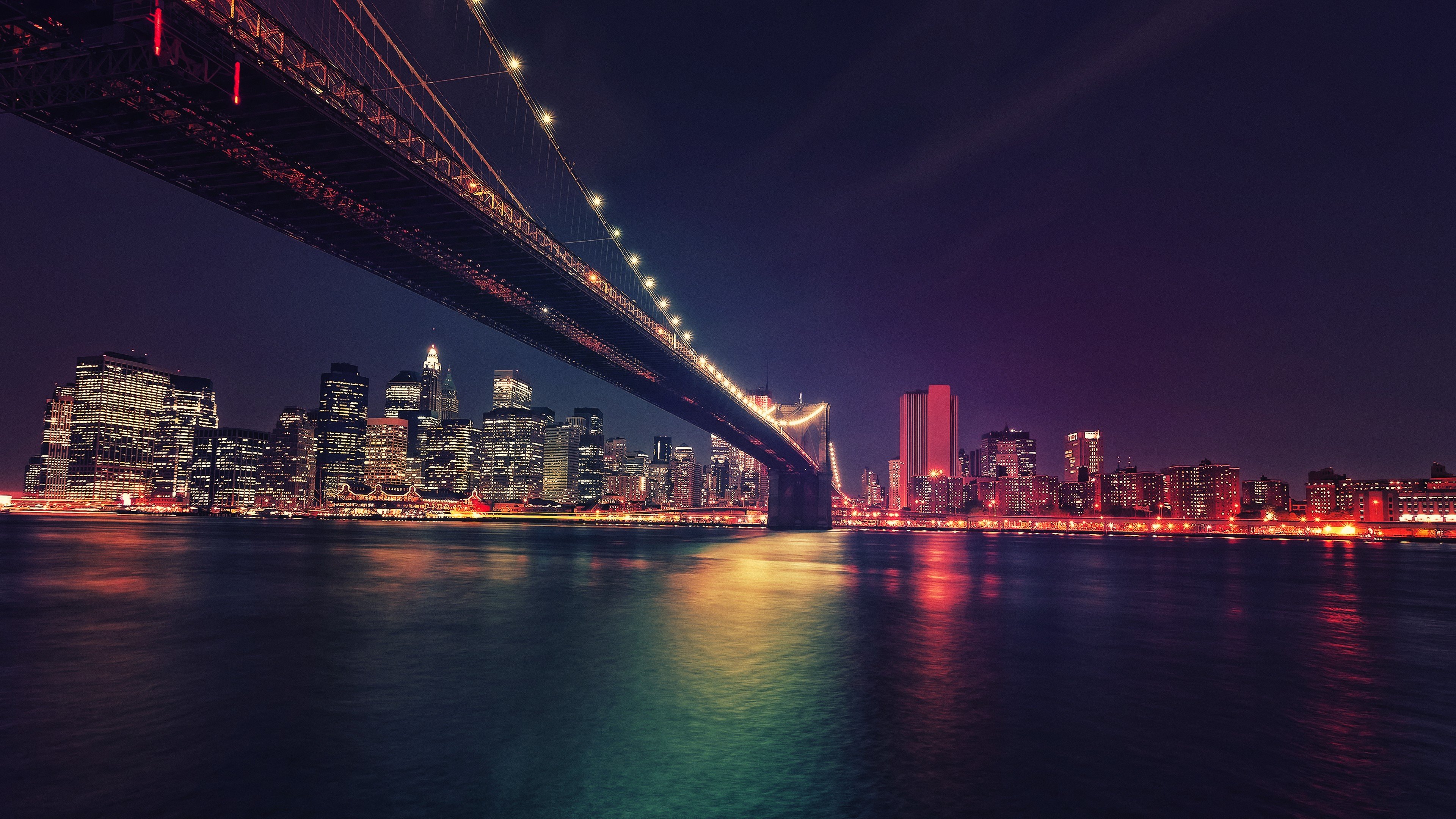 New York City, Cityscape, USA, Night, Brooklyn Bridge, Landscape, Neon Wallpaper