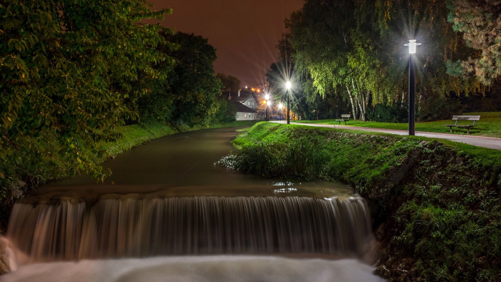 nature, Landscape, Water, Waterfall, River, Night, Street light, Park, Trees, House, Long exposure, Bench Wallpaper