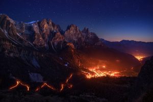 fire, Stars, Sky, Night, Valley, Mountains, Alps, Lights