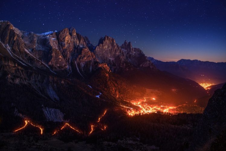fire, Stars, Sky, Night, Valley, Mountains, Alps, Lights HD Wallpaper Desktop Background