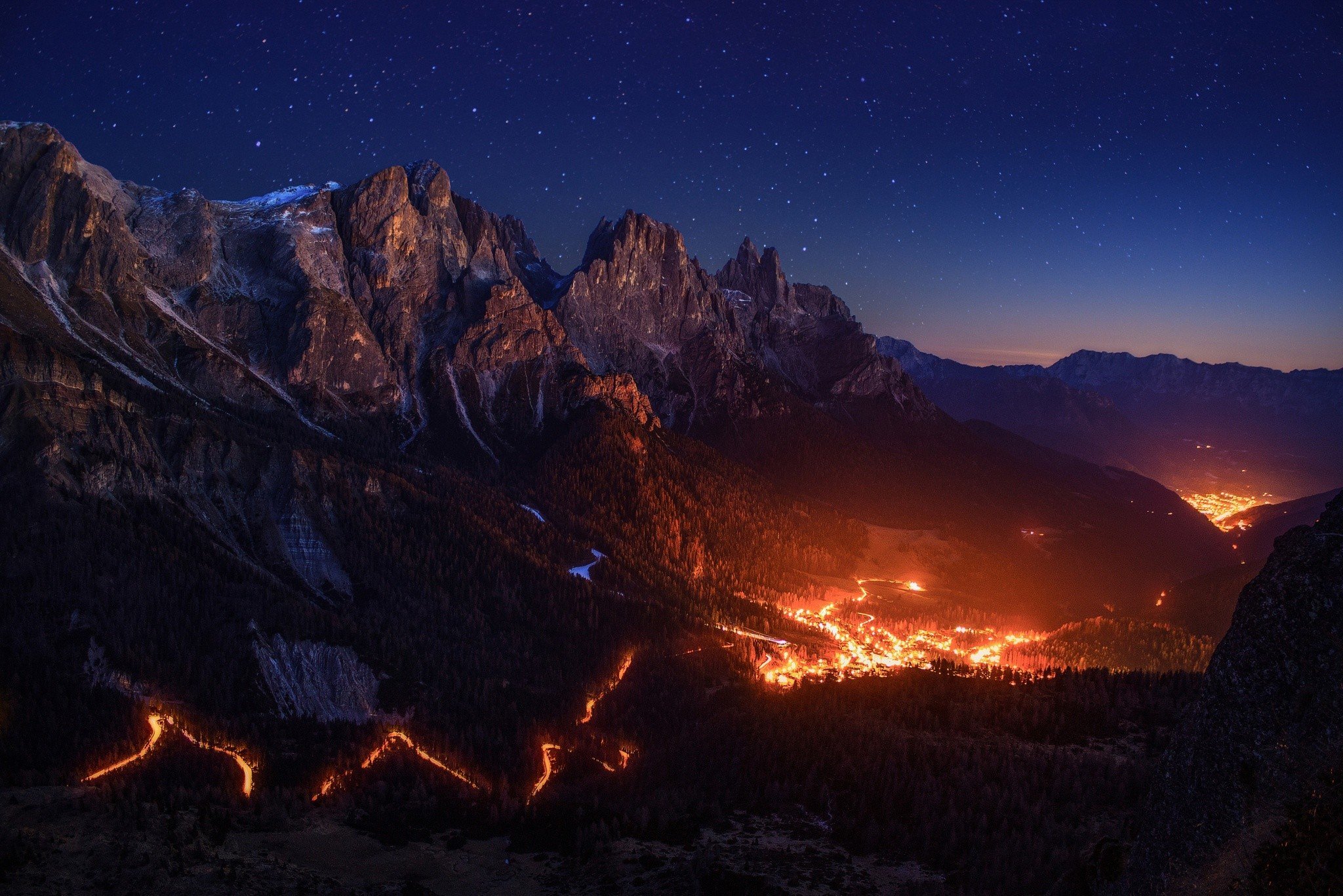 fire, Stars, Sky, Night, Valley, Mountains, Alps, Lights Wallpaper