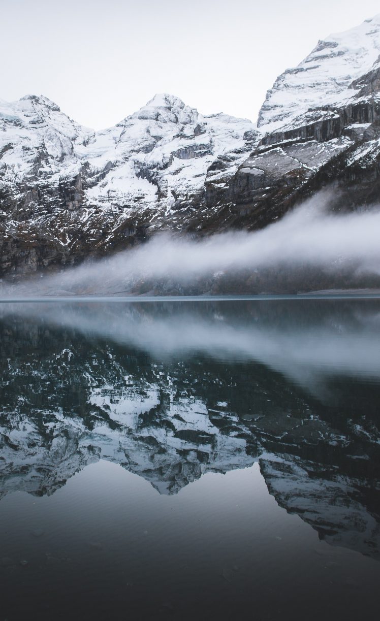 nature, Water, Snow, Mountains, Snowy peak, Lake, Mist, Reflection HD Wallpaper Desktop Background