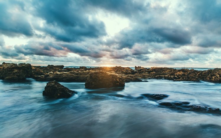 nature, Water, Sun, Clouds, Stones, Sunset HD Wallpaper Desktop Background