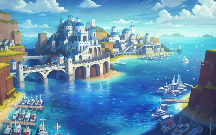 artwork, Castle, Boat, Bay, Yachts, Sailboats HD Wallpaper Desktop Background