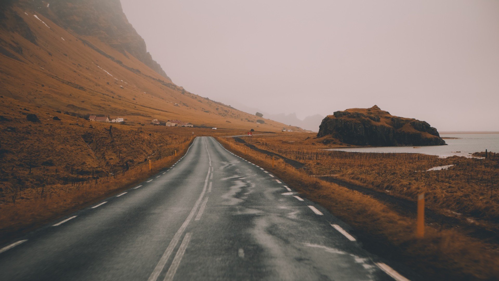 road, Road sign, Mountains, Landscape, House, Villages Wallpaper