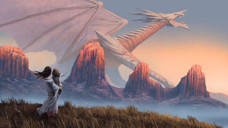 fantasy art, Grass, Mountains, Animals, Dragon, River HD Wallpaper Desktop Background