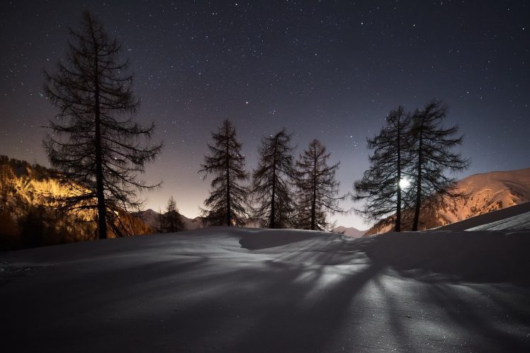 landscape, Night, Sky, Stars, Winter, Cold, Snow, Trees, Nature HD Wallpaper Desktop Background