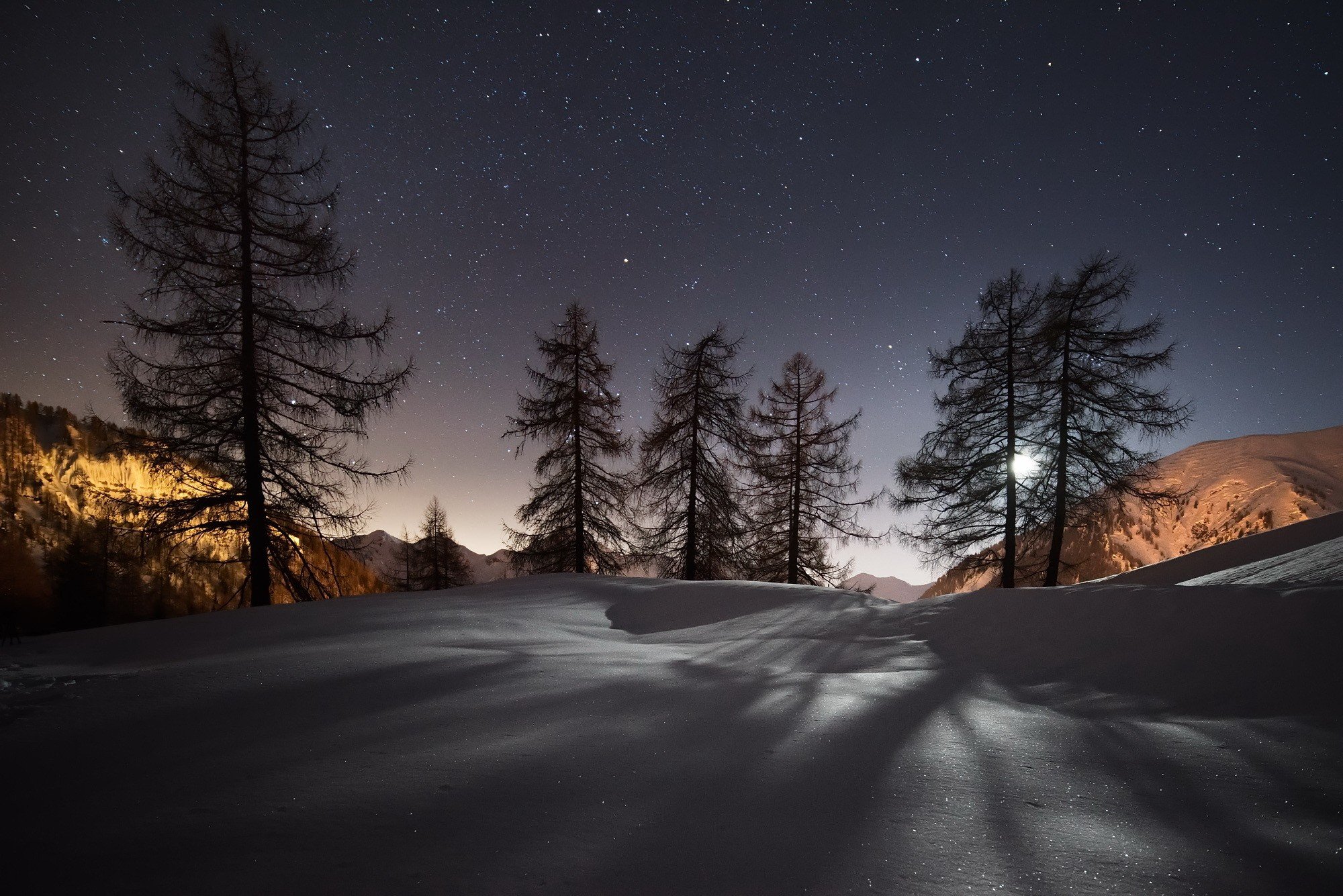 landscape, Night, Sky, Stars, Winter, Cold, Snow, Trees, Nature Wallpaper