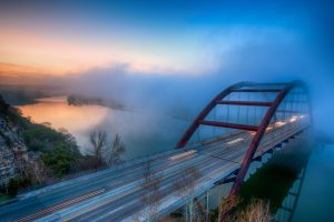 mist, Long exposure, River, Headlights, Pennybacker Bridge, Austin (Texas), Lake Austin, Light trails, Morning, Landscape, Reflection, Bridge, Storm, Blue, Traffic
