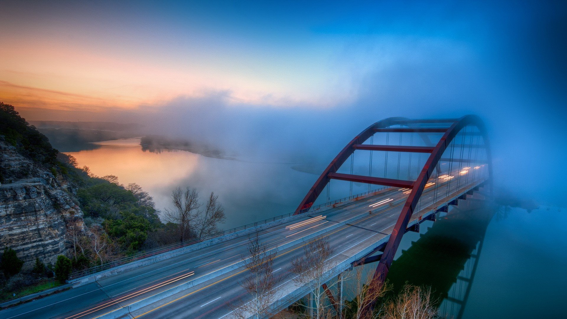 mist, Long exposure, River, Headlights, Pennybacker Bridge, Austin (Texas), Lake Austin, Light trails, Morning, Landscape, Reflection, Bridge, Storm, Blue, Traffic Wallpaper