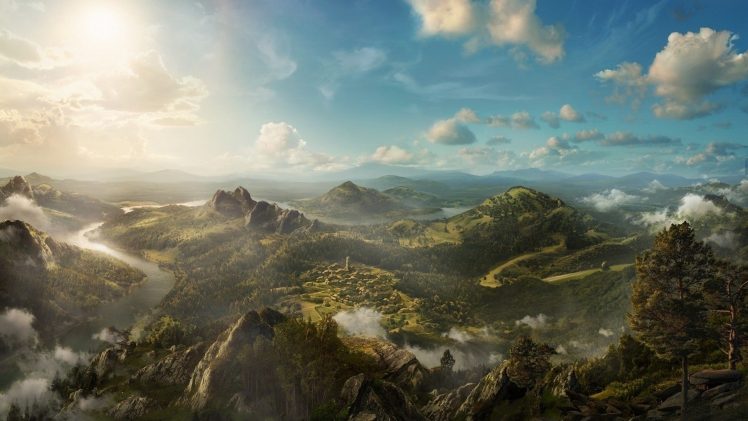 landscape,   landscape, Summer, Mountains, Trees, River, Clouds, Nature, Fantasy art HD Wallpaper Desktop Background