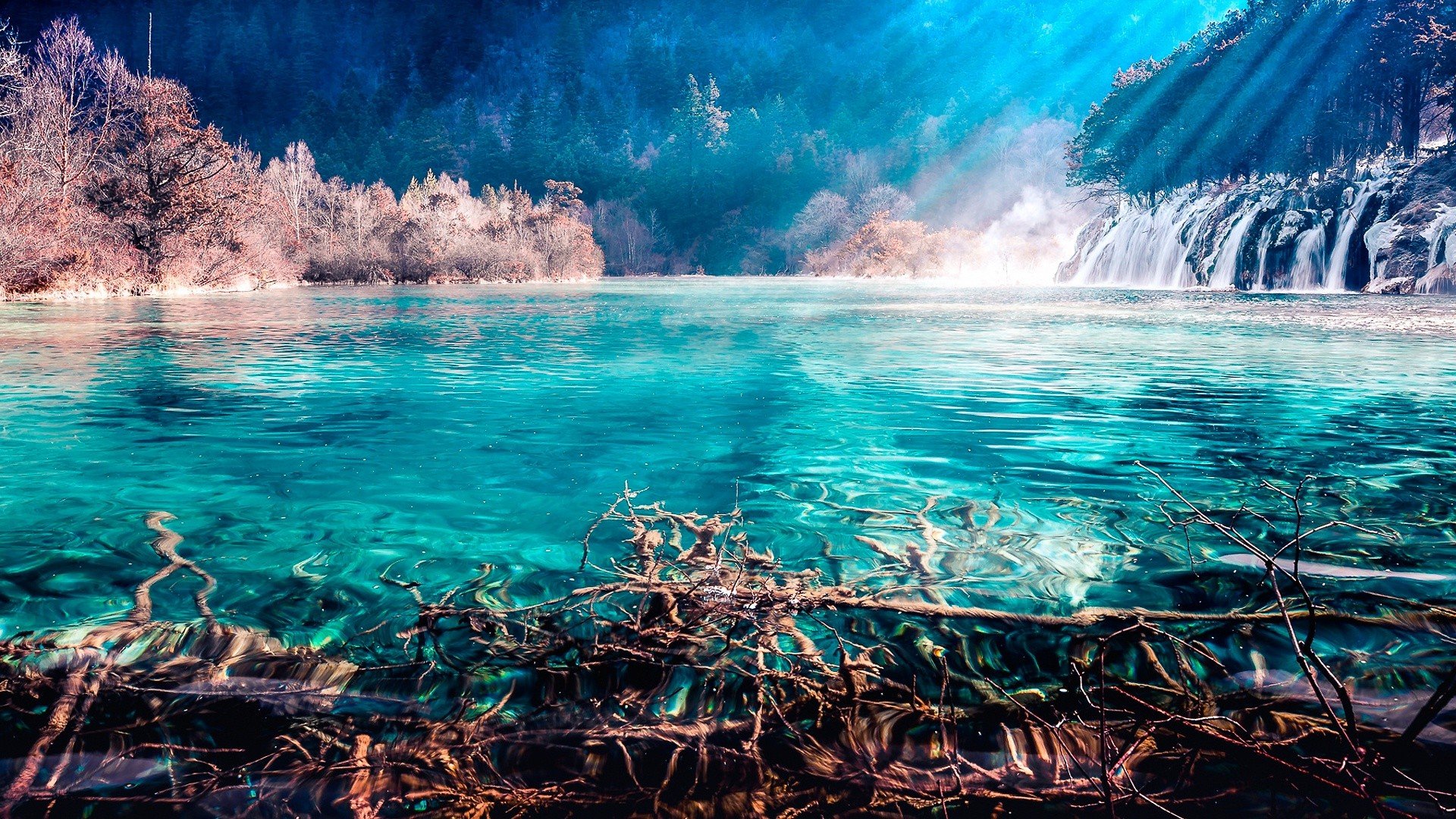 China, Water, River, Trees, Waterfall, Lights Wallpaper