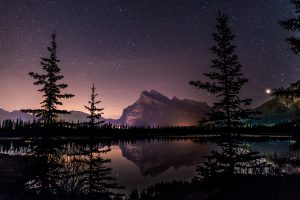 landscape, Lake, Night, Plants, Rocky Mountains, Canadian, Stars, Alberta National Park, Natural light, Reflection