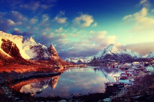 clouds, Sky, Sun, Norway, Bay, Winter, Mountains, Snow, Lofoten Islands, Lofoten