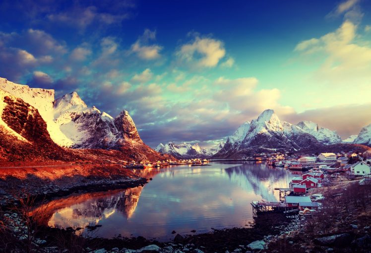 clouds, Sky, Sun, Norway, Bay, Winter, Mountains, Snow, Lofoten Islands, Lofoten HD Wallpaper Desktop Background
