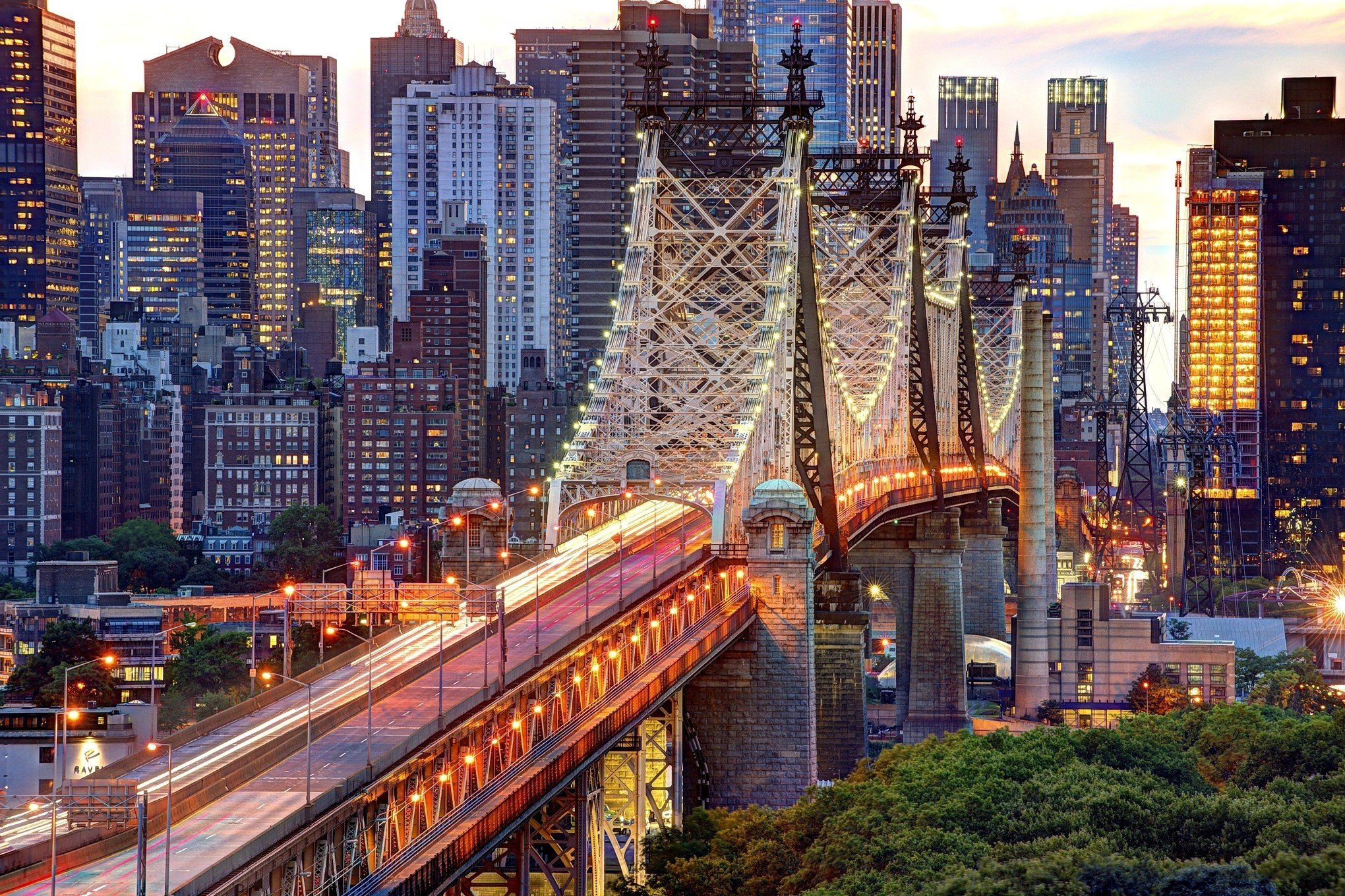 Manhattan, Queensboro Bridge, Skyscraper, New York City, Lightning, Road, City, Evening, Building, Trees, East River, Lights, USA Wallpaper