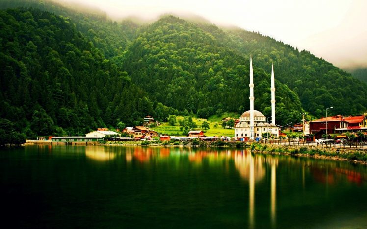 nature, Landscape,   landscape, Turkey, Uzungöl, Trabzon, Mosque, Forest, Lake, Mist, Hills HD Wallpaper Desktop Background