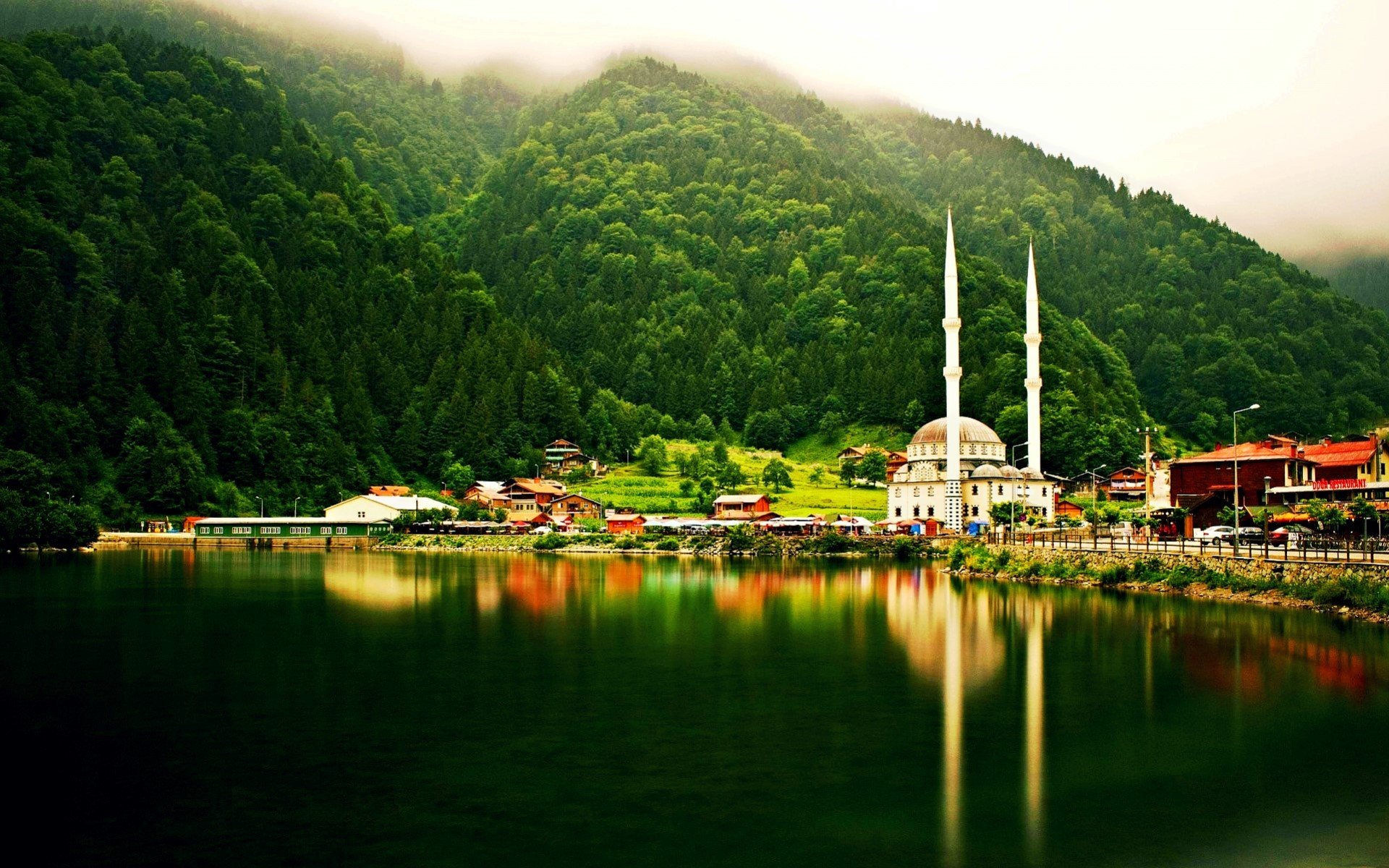 nature, Landscape,   landscape, Turkey, Uzungöl, Trabzon, Mosque, Forest, Lake, Mist, Hills Wallpaper