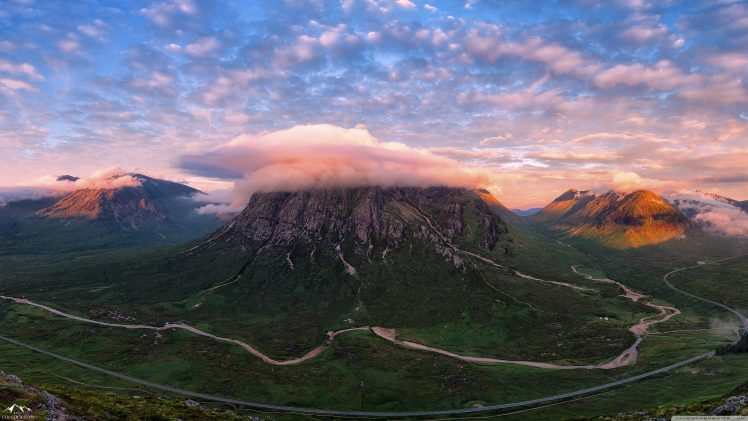nature, Forest, River, Mountain pass, Clouds, Landscape, Sky, Scottish Highlands HD Wallpaper Desktop Background