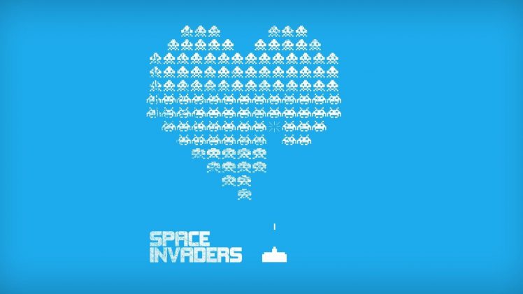 blue background, Retro games, Space Invaders, Video games, Minimalism HD Wallpaper Desktop Background