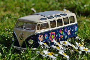 combi, Miniatures, Toys, Flowers, Grass, Car, Vehicle