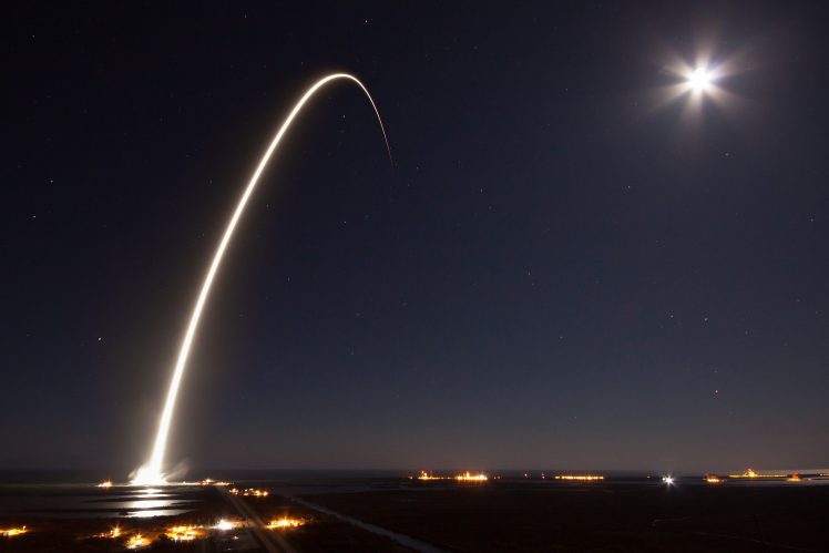 SpaceX, Rocket, Sun rays, Night, Fire, Launching, Long exposure HD Wallpaper Desktop Background