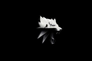 The Witcher, The Witcher 3: Wild Hunt, Simple background, Monochrome, Animals, Fangs, Mountains, Dark, Video games, Minimalism