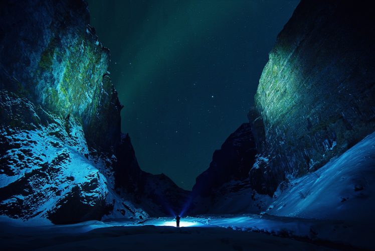 nature, Mountains, Night, Lights, Stars, Snow, Winter HD Wallpaper Desktop Background
