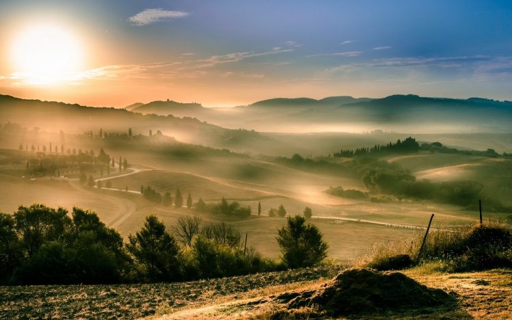 Tuscany, Landscape, Italy, Sunrise, Mist HD Wallpaper Desktop Background