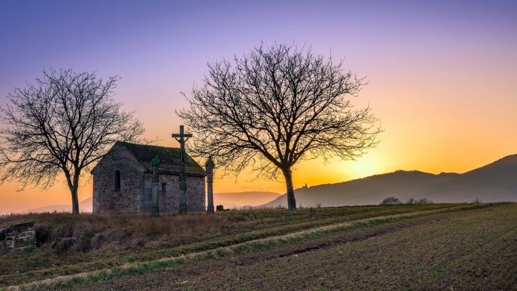 Chapelle Saint Jean Dambach la Ville, France, Field, Landscape, Sunlight HD Wallpaper Desktop Background