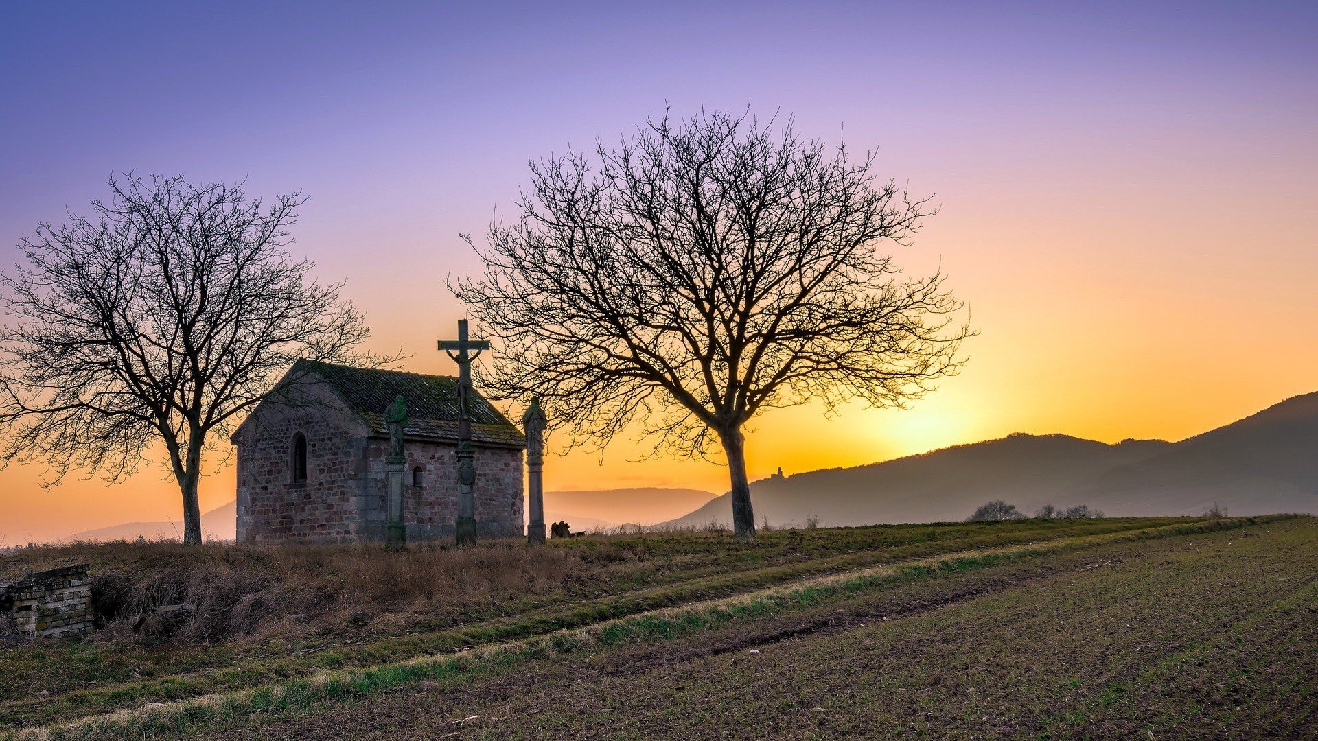 Chapelle Saint Jean Dambach la Ville, France, Field, Landscape, Sunlight Wallpaper