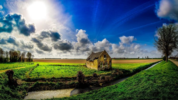 clouds, Sky, Sun, House, Landscape HD Wallpaper Desktop Background