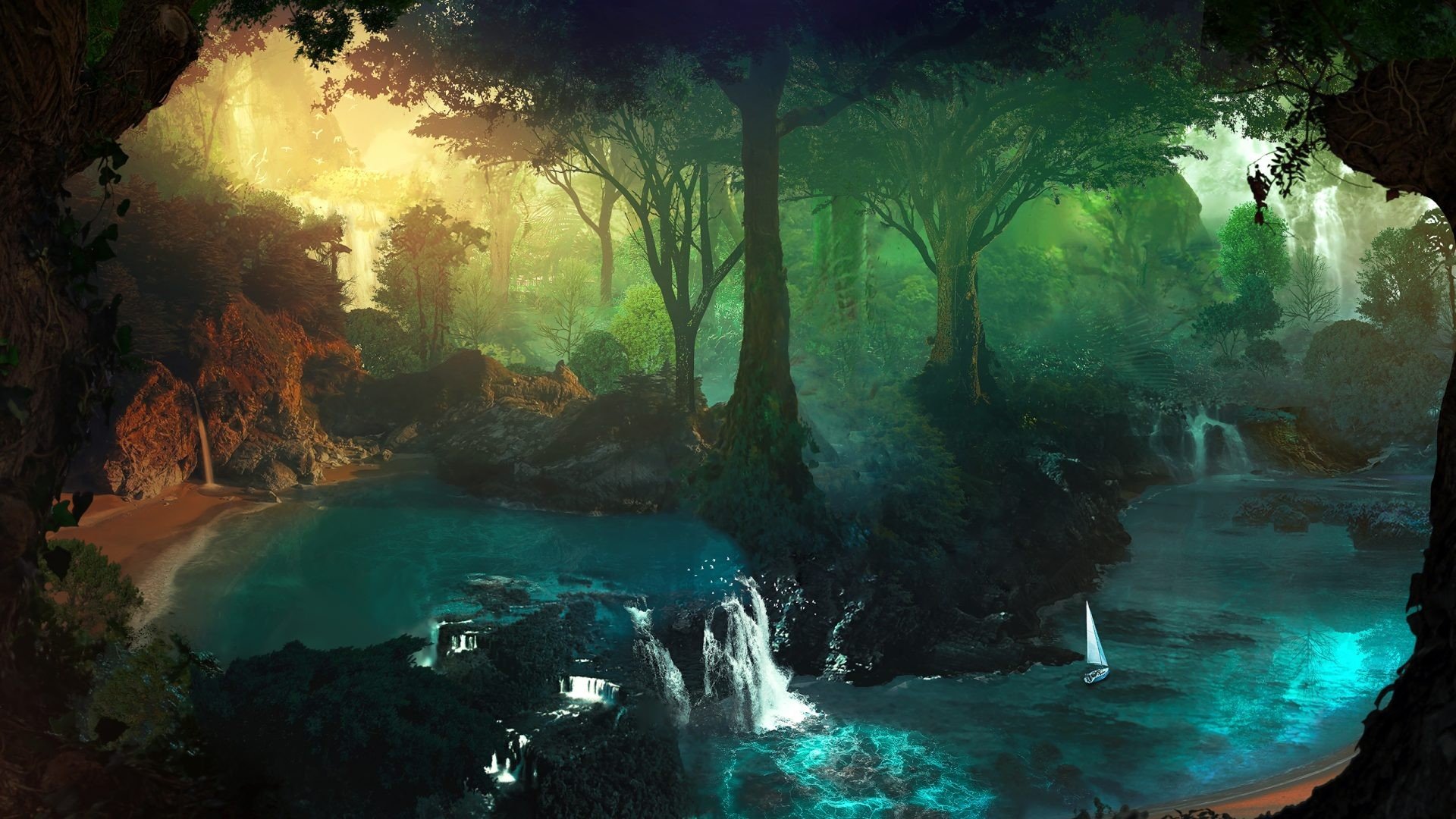 forest, Sailboats, Water, Desktopography Wallpaper
